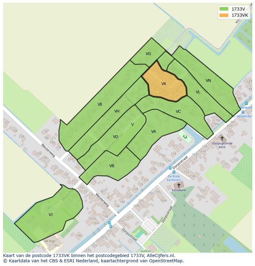 Afbeelding van het postcodegebied 1733 VK op de kaart.