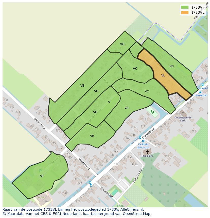 Afbeelding van het postcodegebied 1733 VL op de kaart.