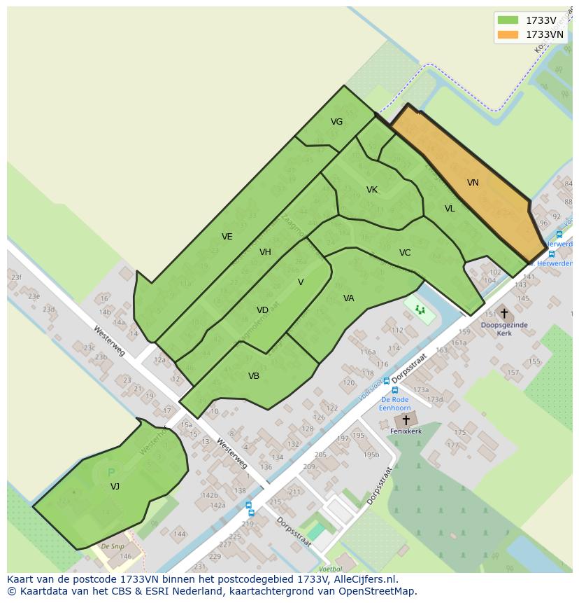 Afbeelding van het postcodegebied 1733 VN op de kaart.