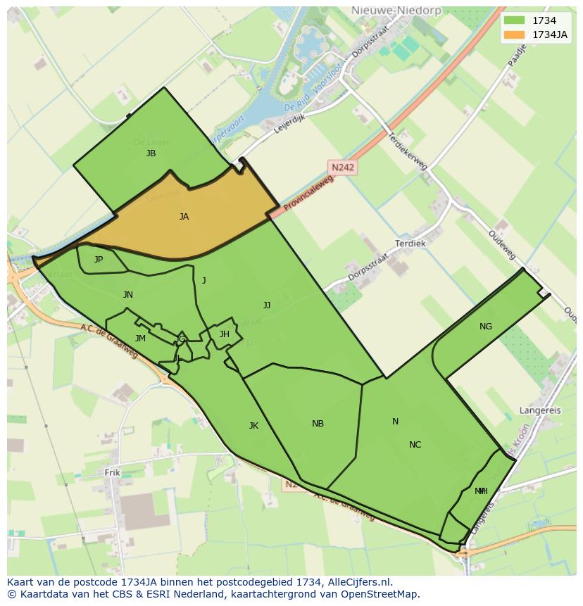 Afbeelding van het postcodegebied 1734 JA op de kaart.