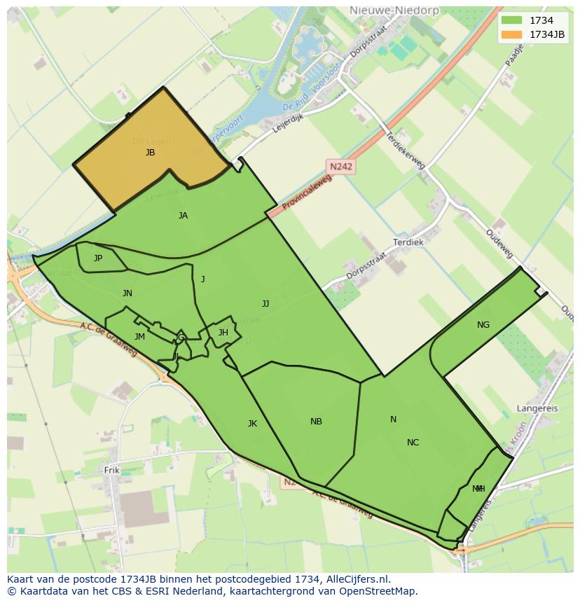 Afbeelding van het postcodegebied 1734 JB op de kaart.