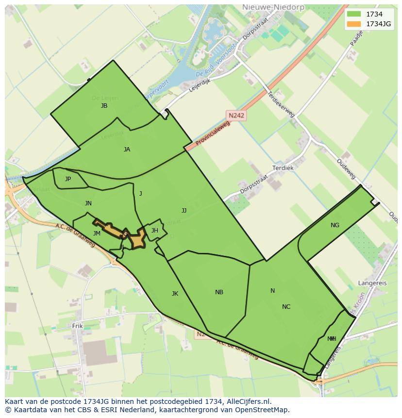 Afbeelding van het postcodegebied 1734 JG op de kaart.