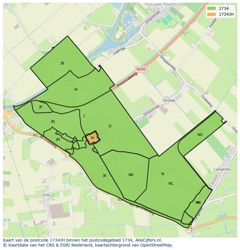 Afbeelding van het postcodegebied 1734 JH op de kaart.