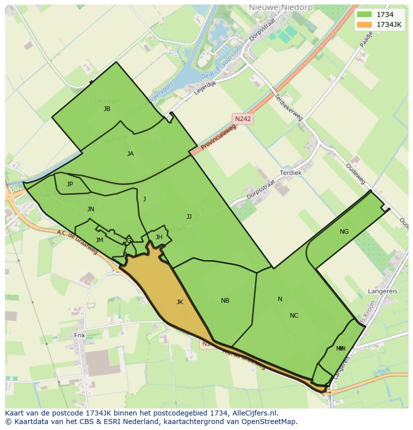 Afbeelding van het postcodegebied 1734 JK op de kaart.