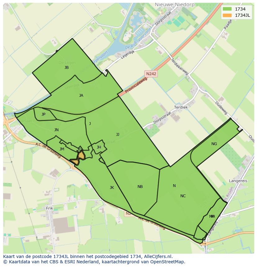 Afbeelding van het postcodegebied 1734 JL op de kaart.
