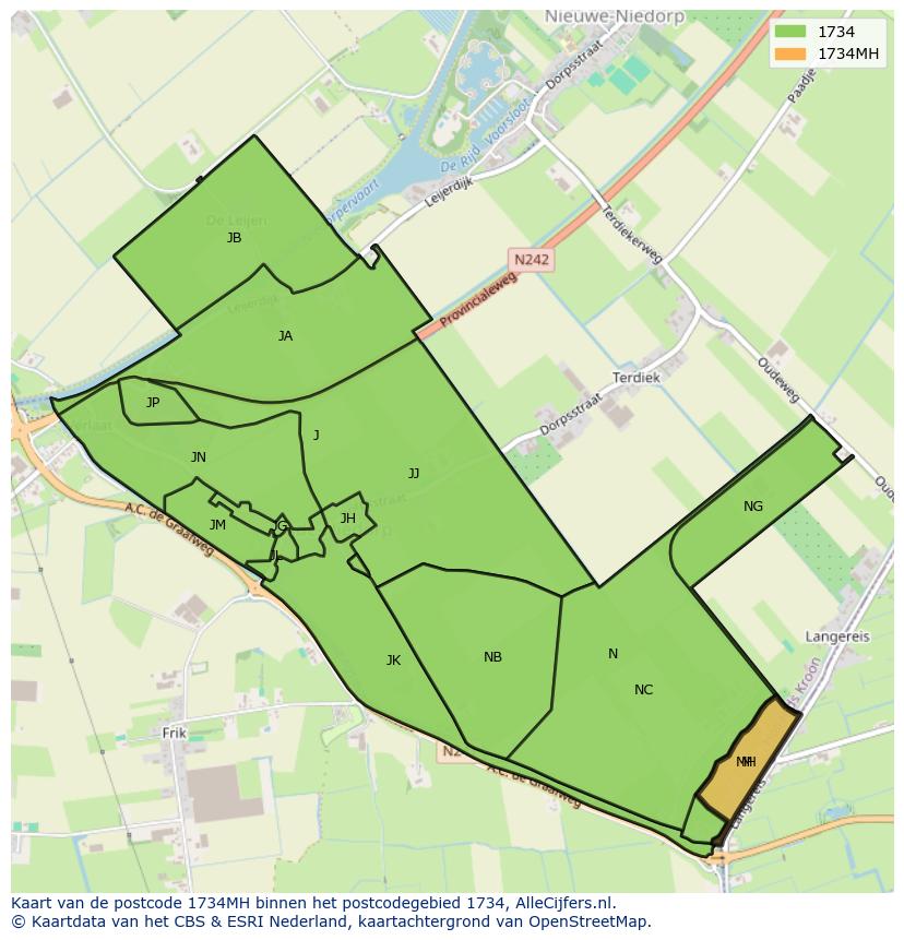 Afbeelding van het postcodegebied 1734 MH op de kaart.