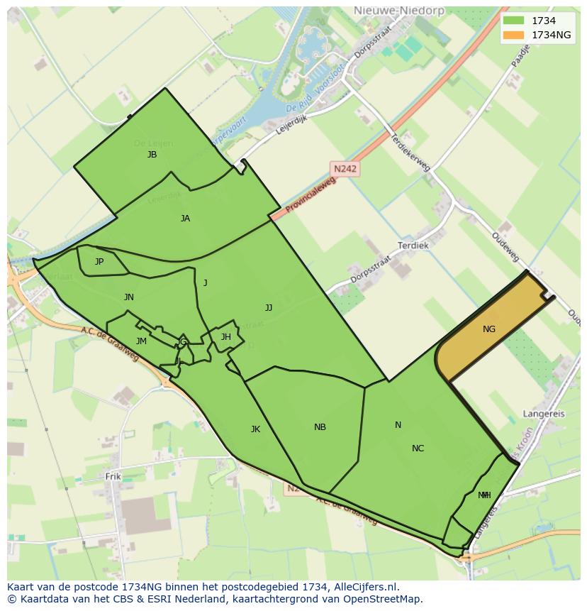 Afbeelding van het postcodegebied 1734 NG op de kaart.