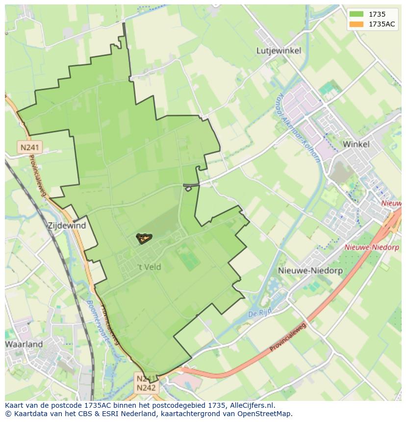 Afbeelding van het postcodegebied 1735 AC op de kaart.