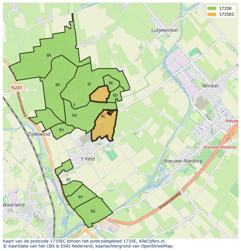 Afbeelding van het postcodegebied 1735 EC op de kaart.