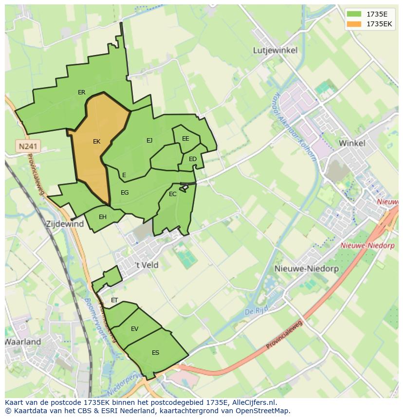 Afbeelding van het postcodegebied 1735 EK op de kaart.