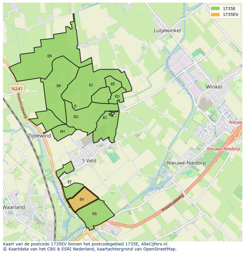 Afbeelding van het postcodegebied 1735 EV op de kaart.