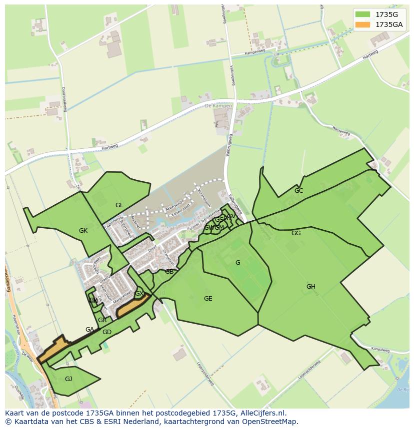 Afbeelding van het postcodegebied 1735 GA op de kaart.