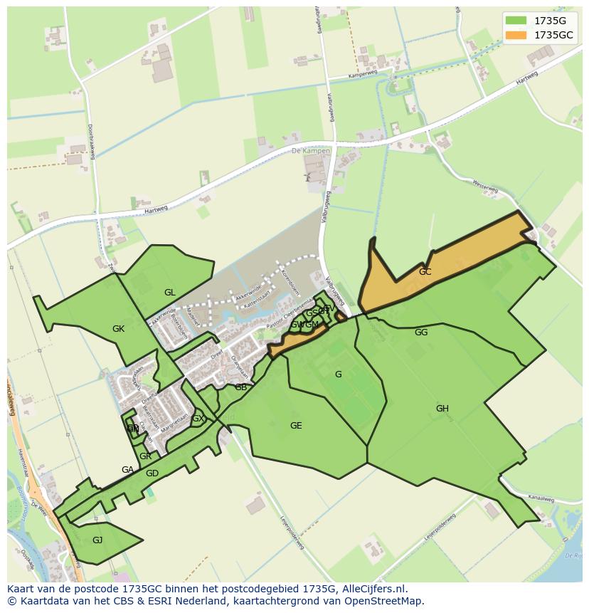 Afbeelding van het postcodegebied 1735 GC op de kaart.