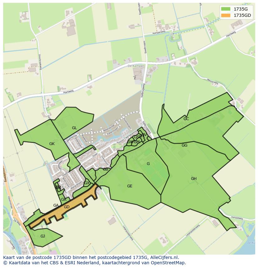 Afbeelding van het postcodegebied 1735 GD op de kaart.