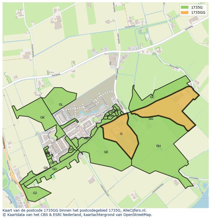 Afbeelding van het postcodegebied 1735 GG op de kaart.