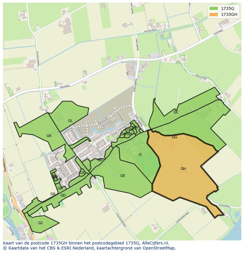 Afbeelding van het postcodegebied 1735 GH op de kaart.
