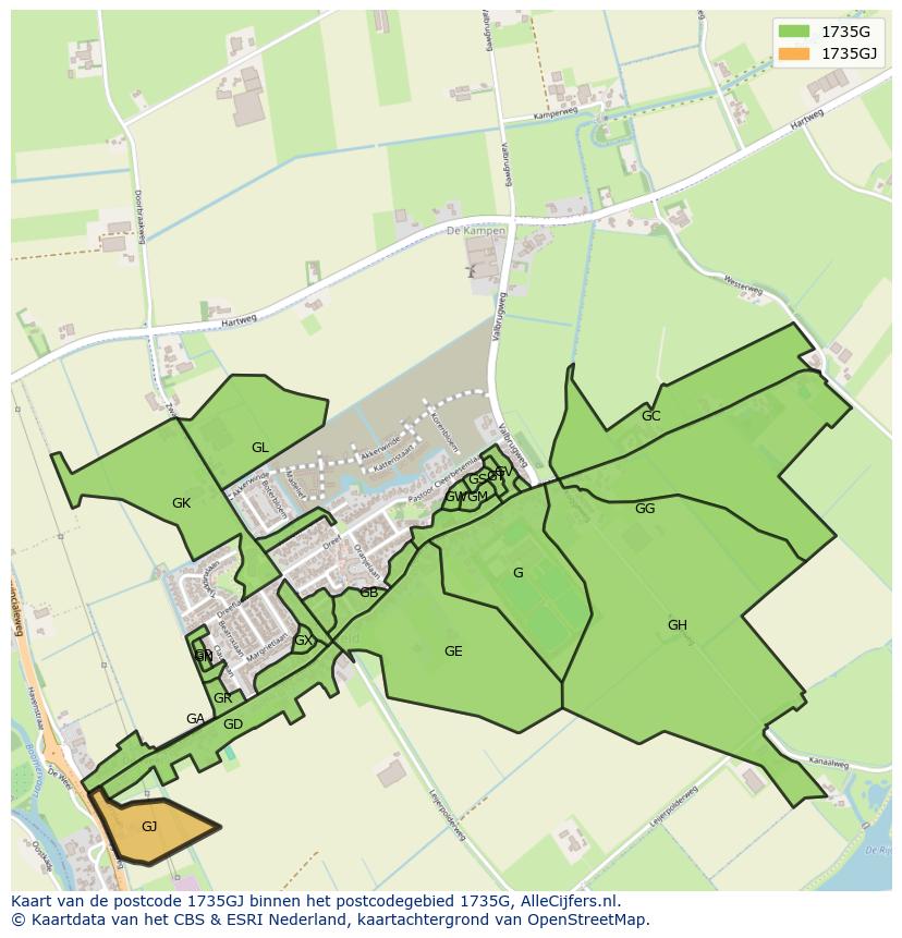 Afbeelding van het postcodegebied 1735 GJ op de kaart.