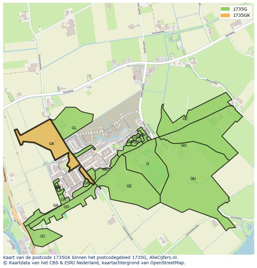 Afbeelding van het postcodegebied 1735 GK op de kaart.