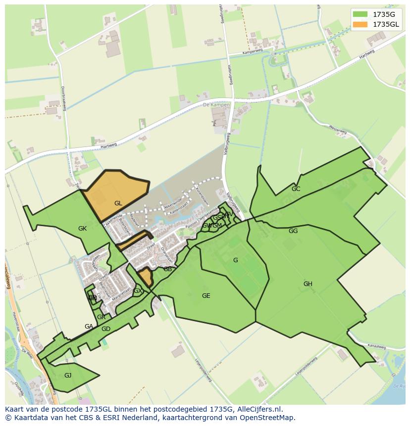 Afbeelding van het postcodegebied 1735 GL op de kaart.
