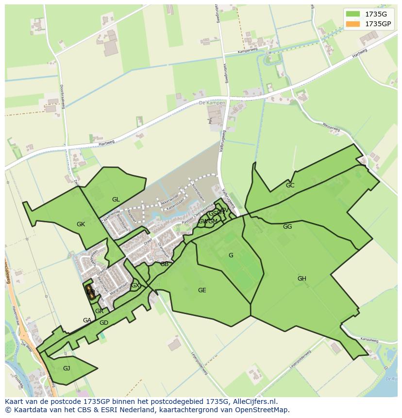 Afbeelding van het postcodegebied 1735 GP op de kaart.