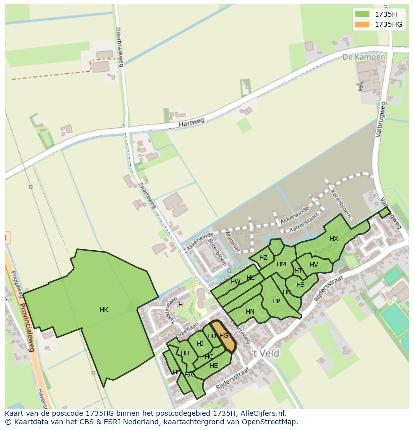 Afbeelding van het postcodegebied 1735 HG op de kaart.