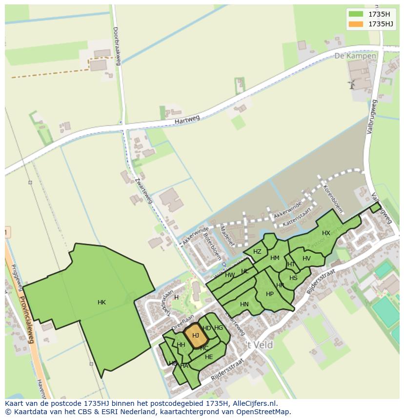 Afbeelding van het postcodegebied 1735 HJ op de kaart.