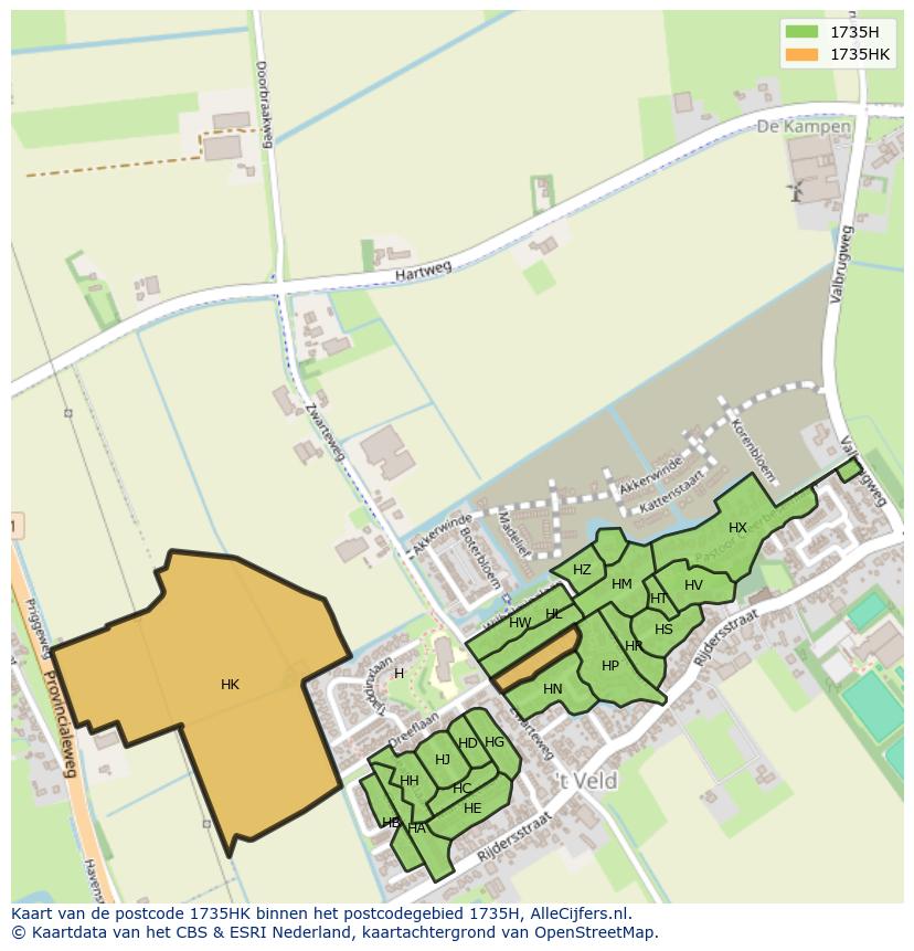 Afbeelding van het postcodegebied 1735 HK op de kaart.