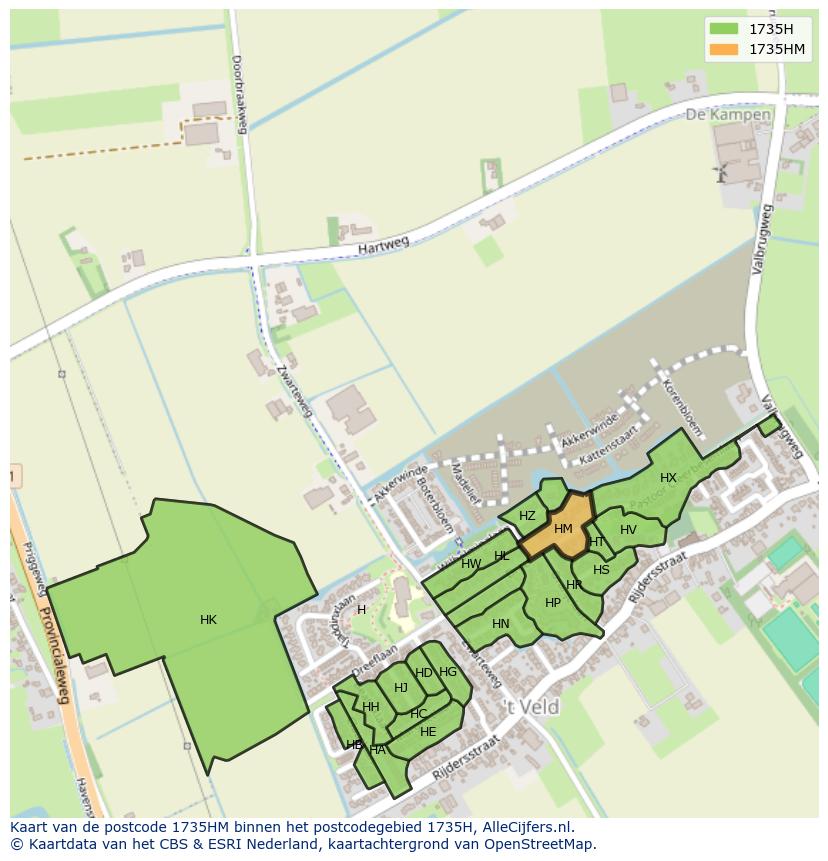 Afbeelding van het postcodegebied 1735 HM op de kaart.