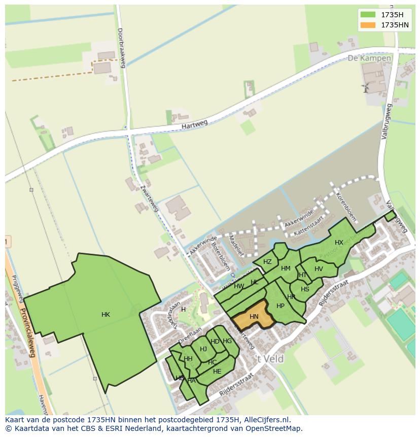 Afbeelding van het postcodegebied 1735 HN op de kaart.