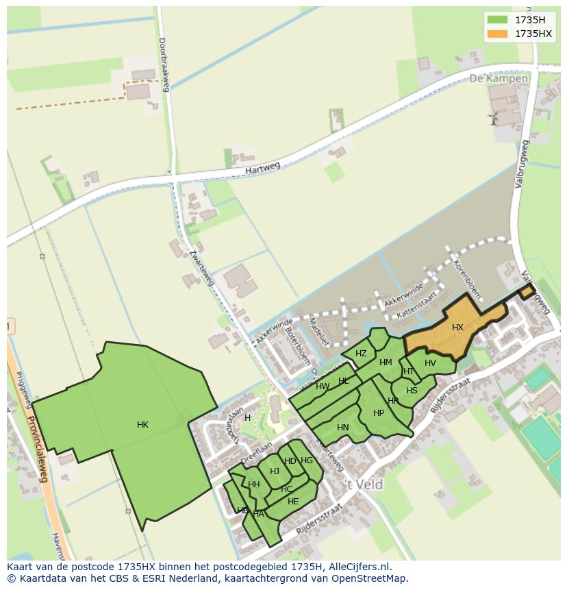 Afbeelding van het postcodegebied 1735 HX op de kaart.