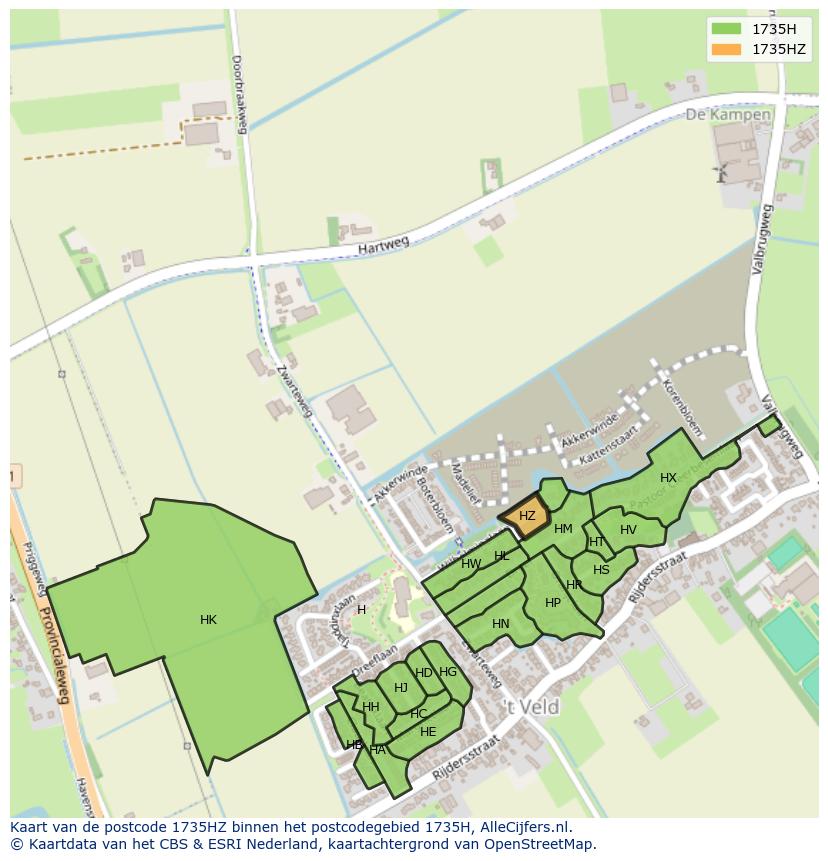 Afbeelding van het postcodegebied 1735 HZ op de kaart.