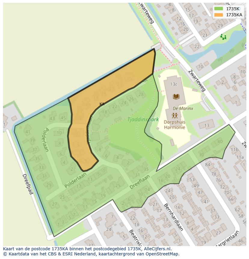 Afbeelding van het postcodegebied 1735 KA op de kaart.