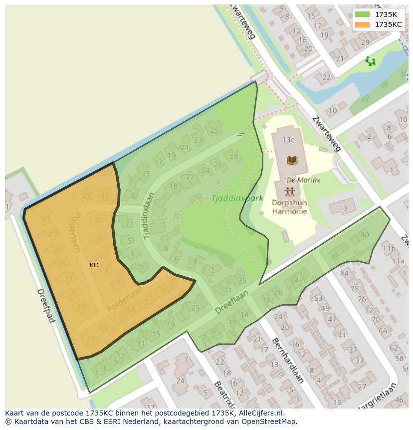 Afbeelding van het postcodegebied 1735 KC op de kaart.