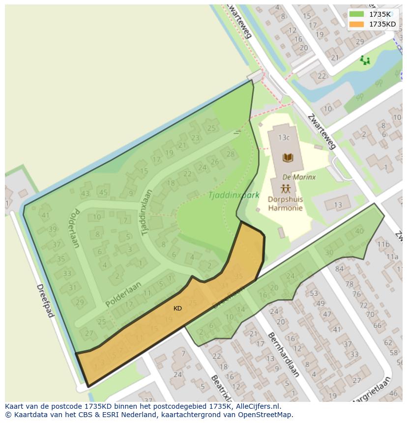 Afbeelding van het postcodegebied 1735 KD op de kaart.