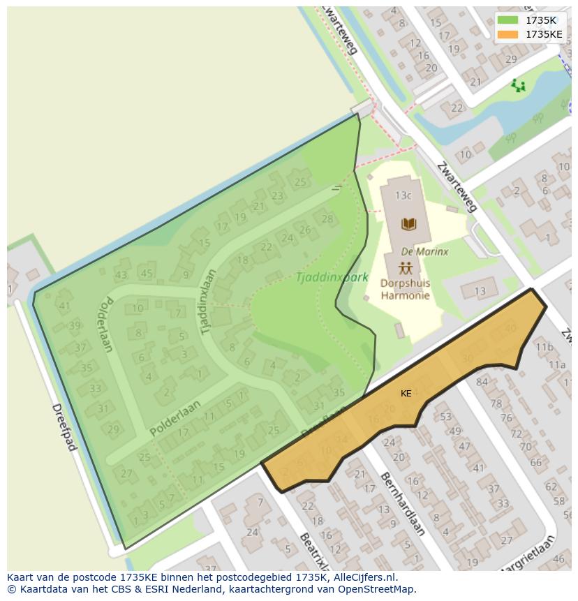 Afbeelding van het postcodegebied 1735 KE op de kaart.