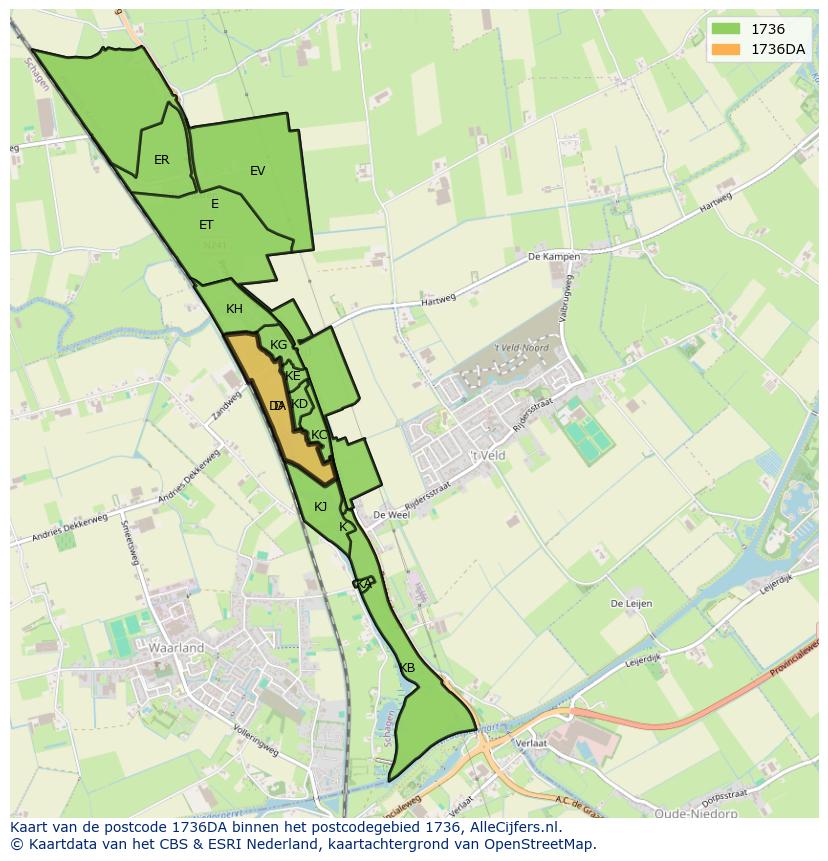 Afbeelding van het postcodegebied 1736 DA op de kaart.