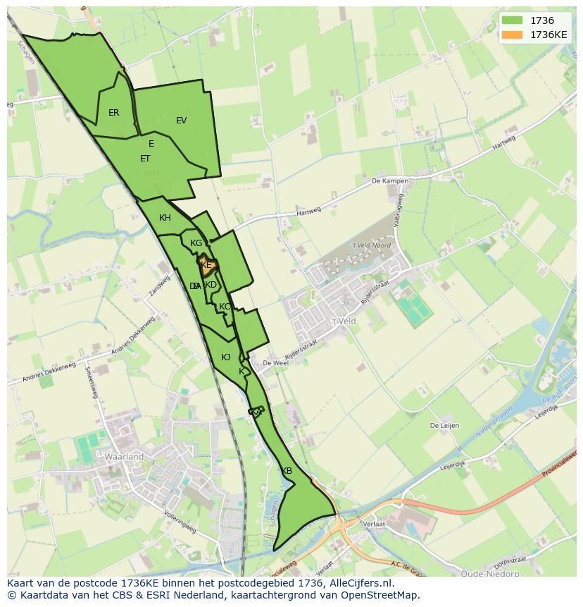 Afbeelding van het postcodegebied 1736 KE op de kaart.