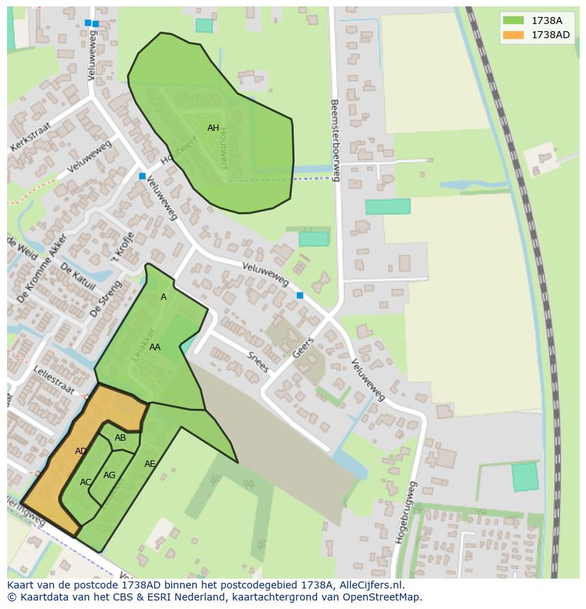 Afbeelding van het postcodegebied 1738 AD op de kaart.