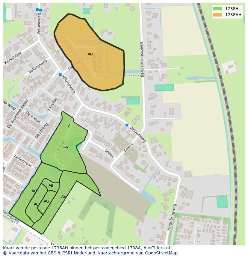 Afbeelding van het postcodegebied 1738 AH op de kaart.