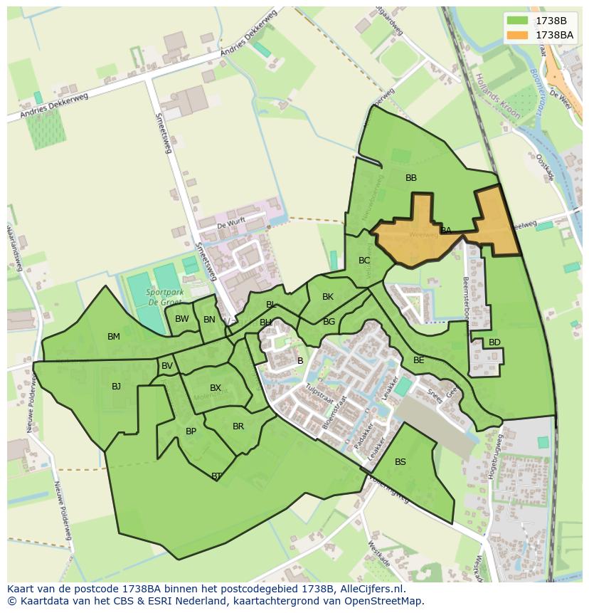 Afbeelding van het postcodegebied 1738 BA op de kaart.