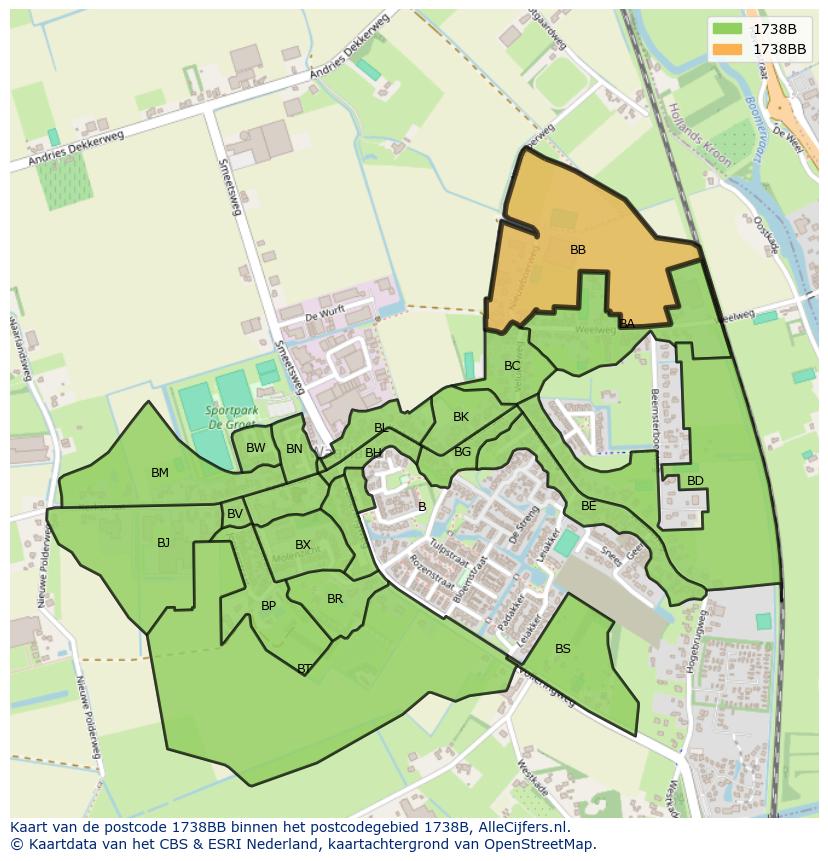 Afbeelding van het postcodegebied 1738 BB op de kaart.