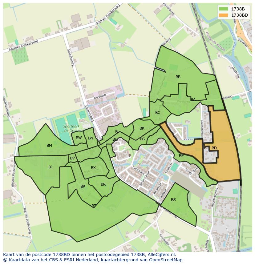 Afbeelding van het postcodegebied 1738 BD op de kaart.