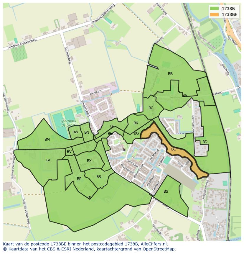 Afbeelding van het postcodegebied 1738 BE op de kaart.