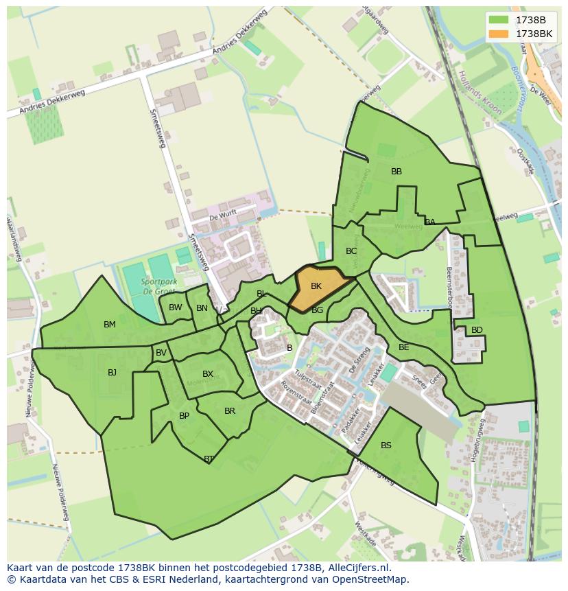 Afbeelding van het postcodegebied 1738 BK op de kaart.