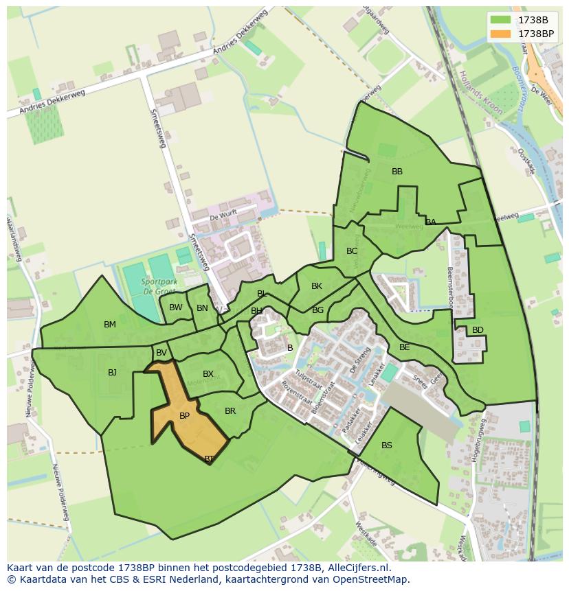 Afbeelding van het postcodegebied 1738 BP op de kaart.
