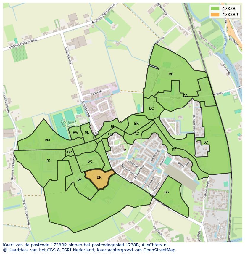 Afbeelding van het postcodegebied 1738 BR op de kaart.
