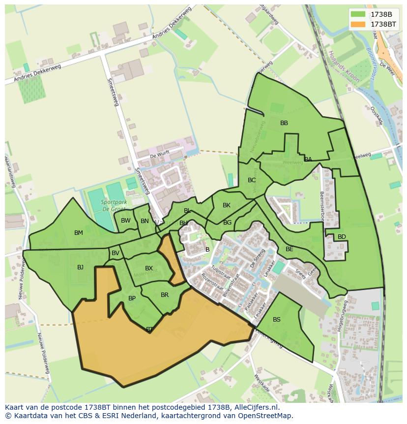 Afbeelding van het postcodegebied 1738 BT op de kaart.