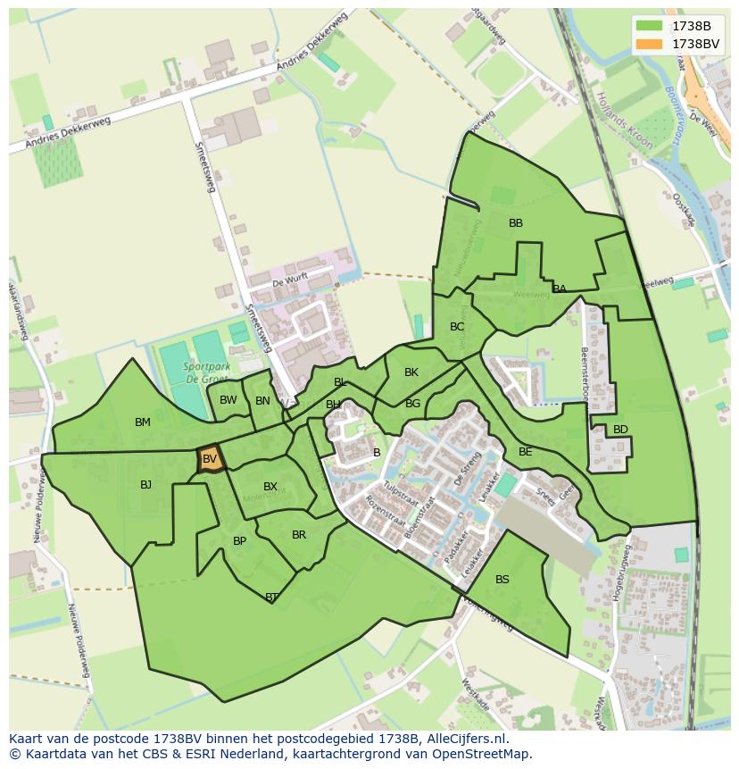 Afbeelding van het postcodegebied 1738 BV op de kaart.
