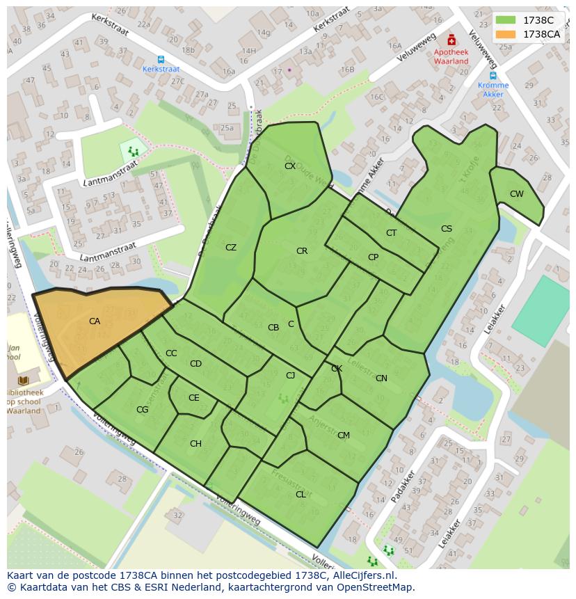 Afbeelding van het postcodegebied 1738 CA op de kaart.