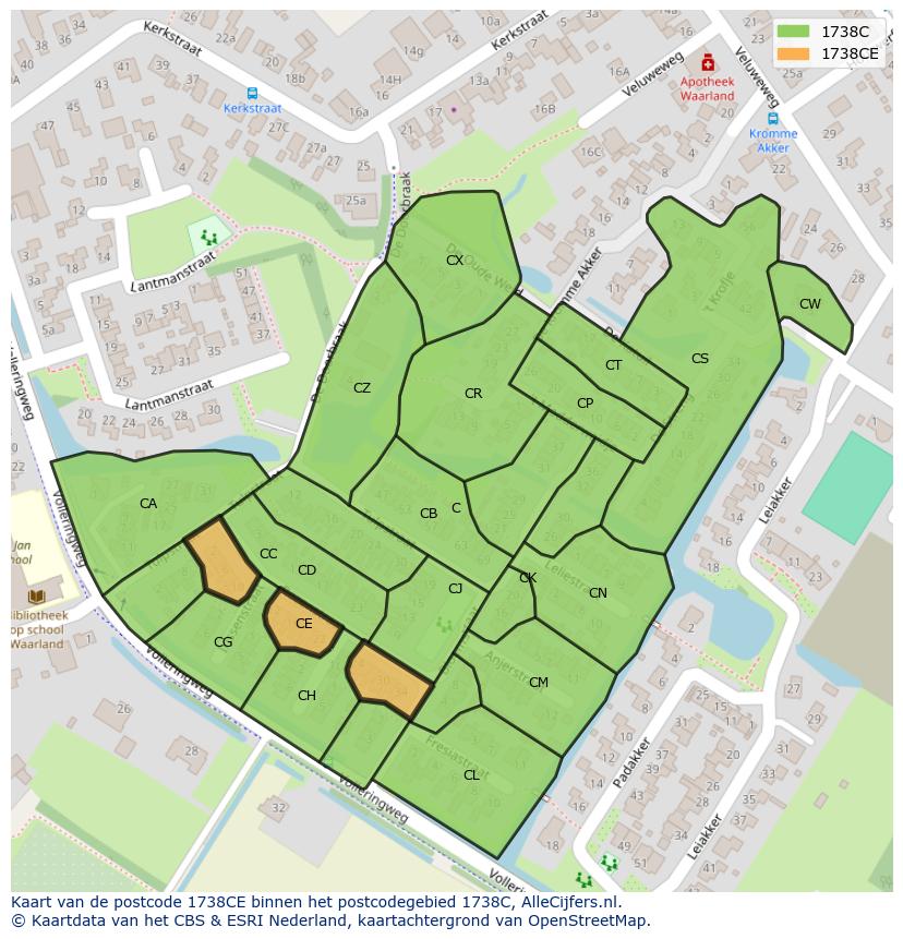 Afbeelding van het postcodegebied 1738 CE op de kaart.